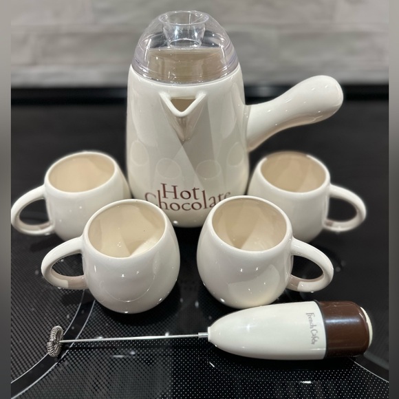 French Cafe Hot Chocolate Pitcher, Mixer, and 4 matching cups - Picture 2 of 6